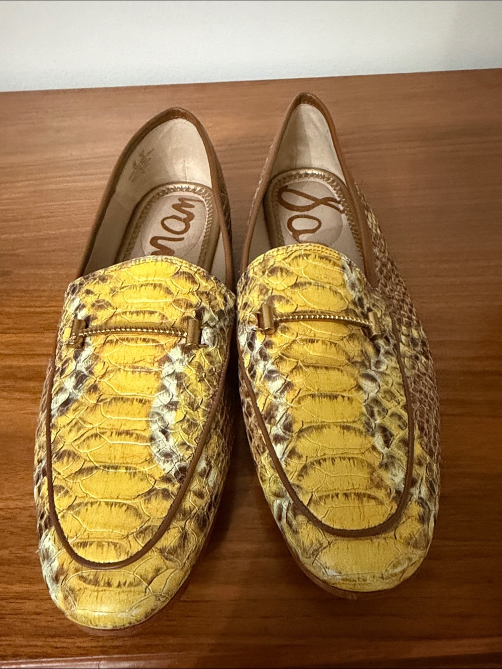 Sam Edelman Yellow Snake-Print Loafers with Brown Trim